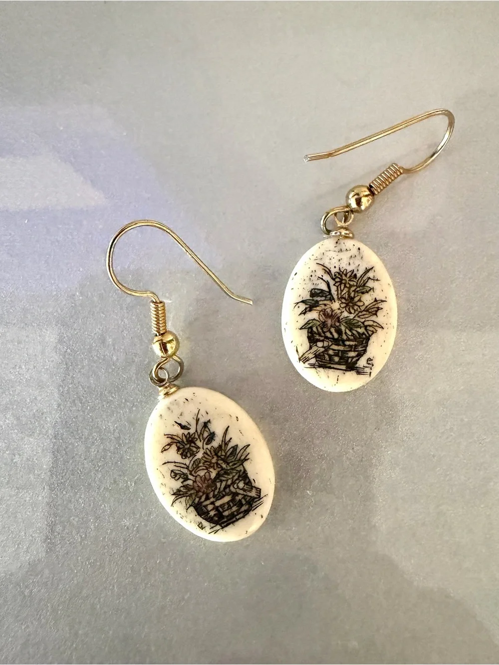 Vintage Genuine Bone Scrimshaw Etched Folk Art, Basket of Flowers” Earrings